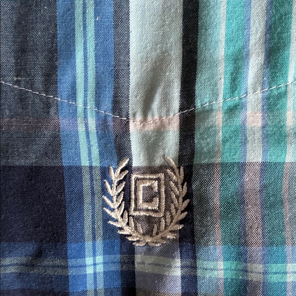 Chaps Men's Teal and Navy Plaid Short-Sleeve Button-Down Shirt - Picture 5 of 6